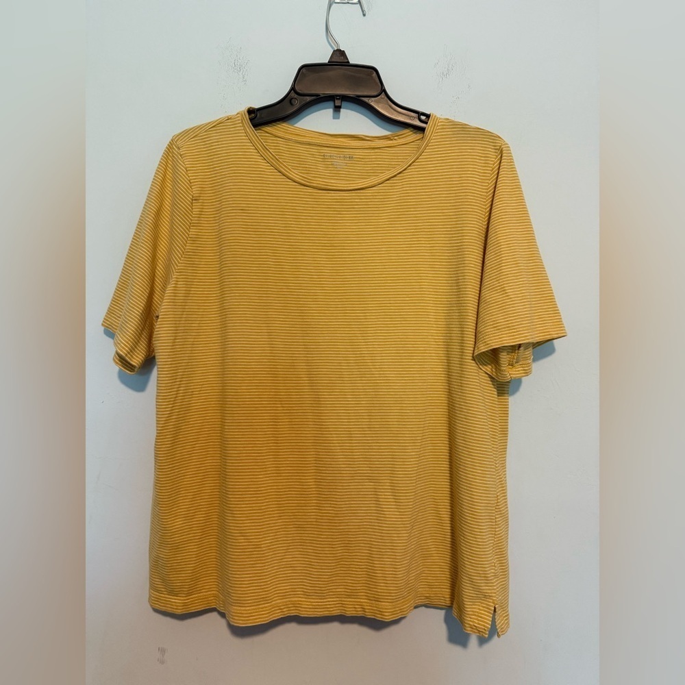 Eileen Fisher Organic Cotton Short  Sleeve Yellow Striped Top Sz M